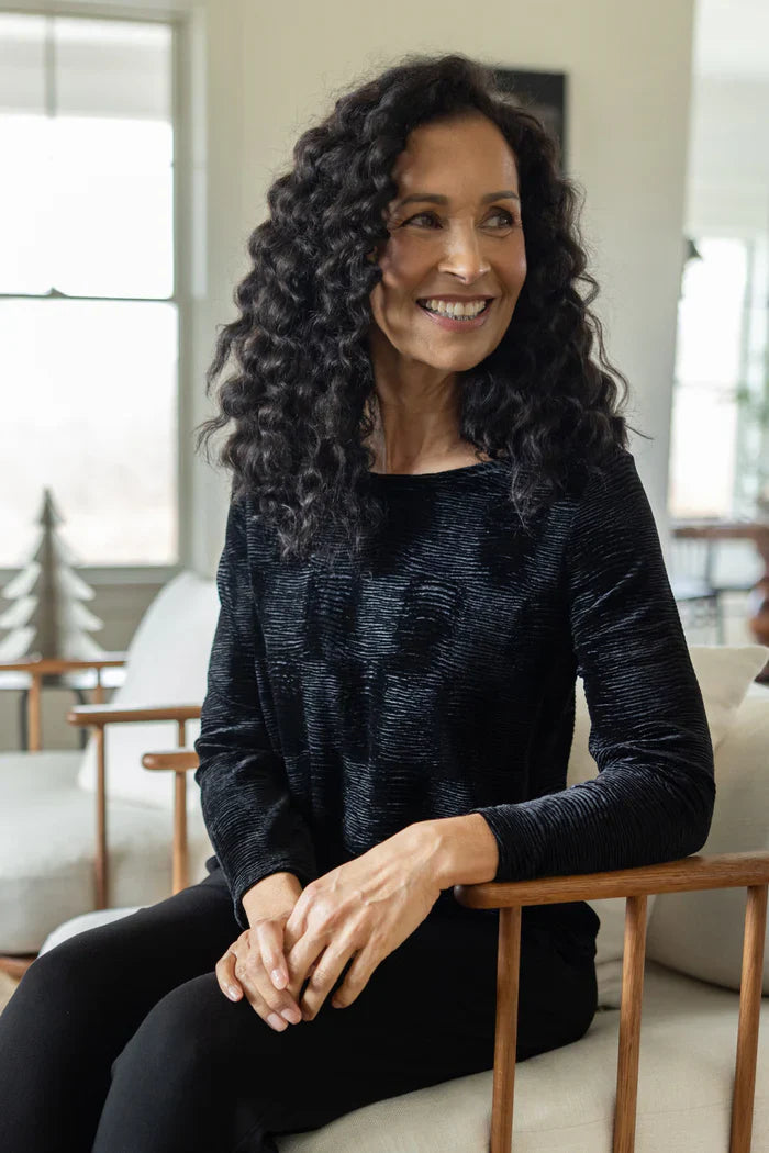 Black crinkle velvet boatneck top by HABITAT, featuring a stylish boat neckline and textured velvet fabric.