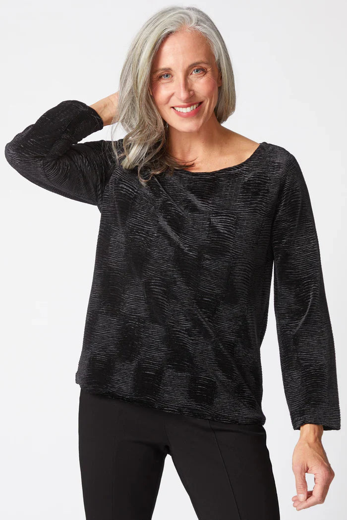 Black crinkle velvet boatneck top by HABITAT, showing the textured fabric and classic boatneck style.