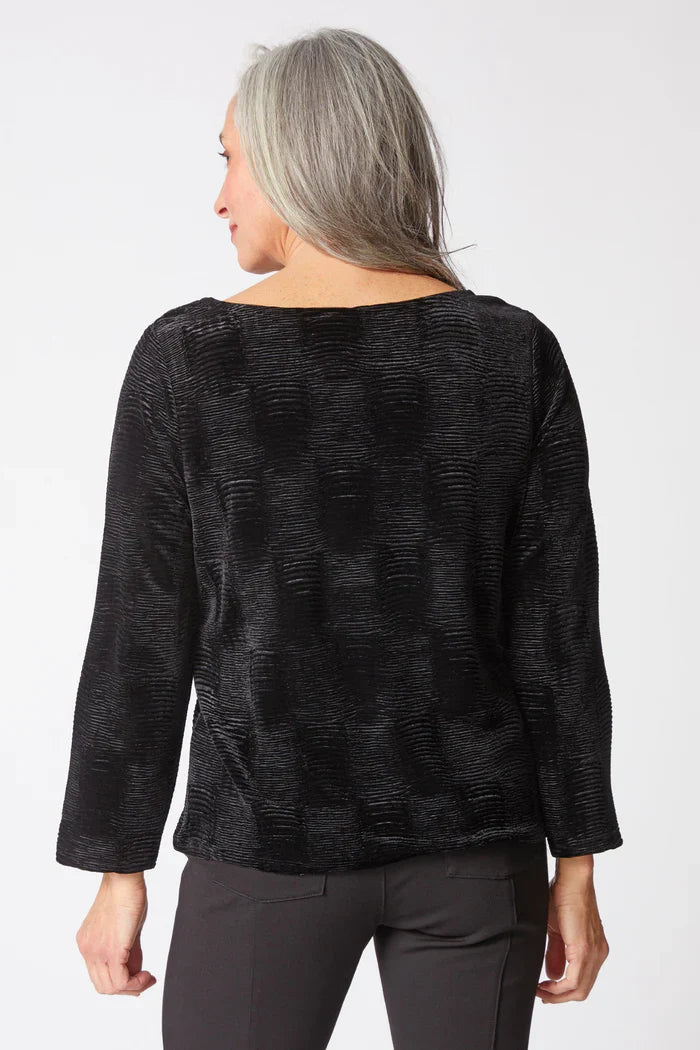 Black crinkle velvet boatneck top by HABITAT, showcasing its textured fabric and relaxed fit.
