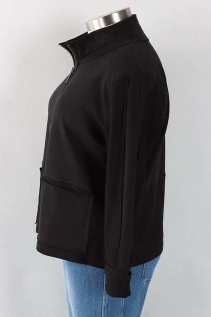Black jacket on a mannequin with a white background