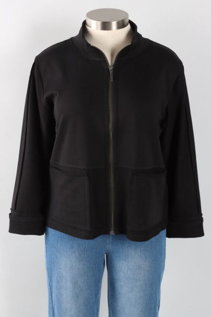 Black jacket on a mannequin with a white background