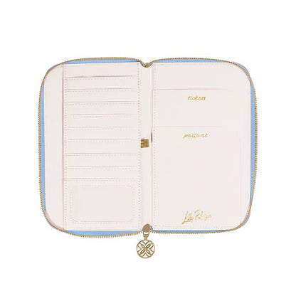 Lilly Pulitzer travel wallet with bamboo logo trellis pattern, slim design, and multiple card slots for organized travel essentials.