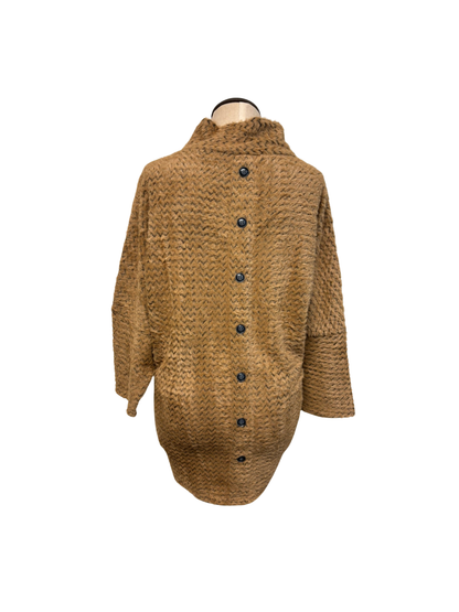 Brown textured sweater on a mannequin against a white background