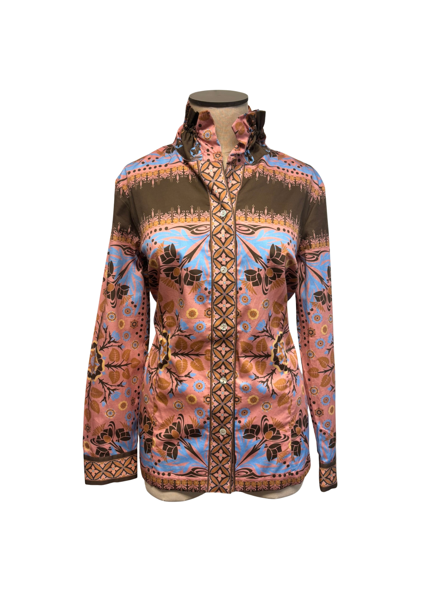 Colorful patterned jacket on a mannequin against a white background