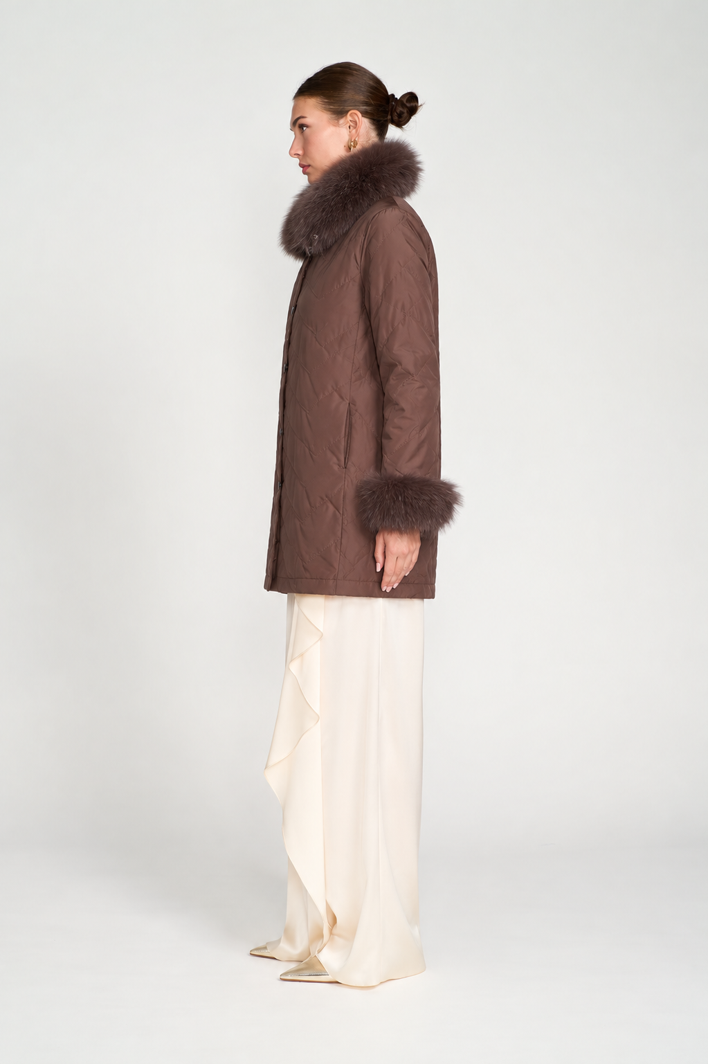 chocolate brown  fur Reversible Silk to Fox Three Quarter Jacket  1