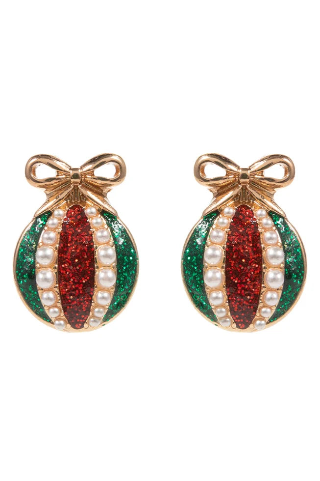 Pair of christmas earrings with red, green, and pearl design on a white background