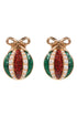 Pair of christmas earrings with red, green, and pearl design on a white background