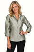 A woman modeling a silver pewter satin button-down shirt with three-quarter sleeves connie roberson Classic Blouse - Amazon