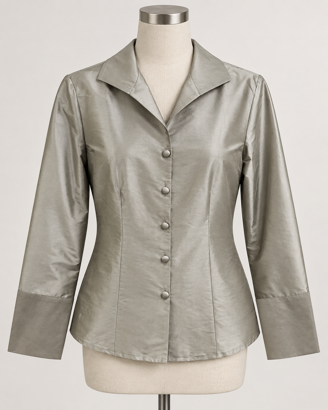 A woman modeling a silver pewter satin button-down shirt  connie roberson Classic Blouse - Amazon