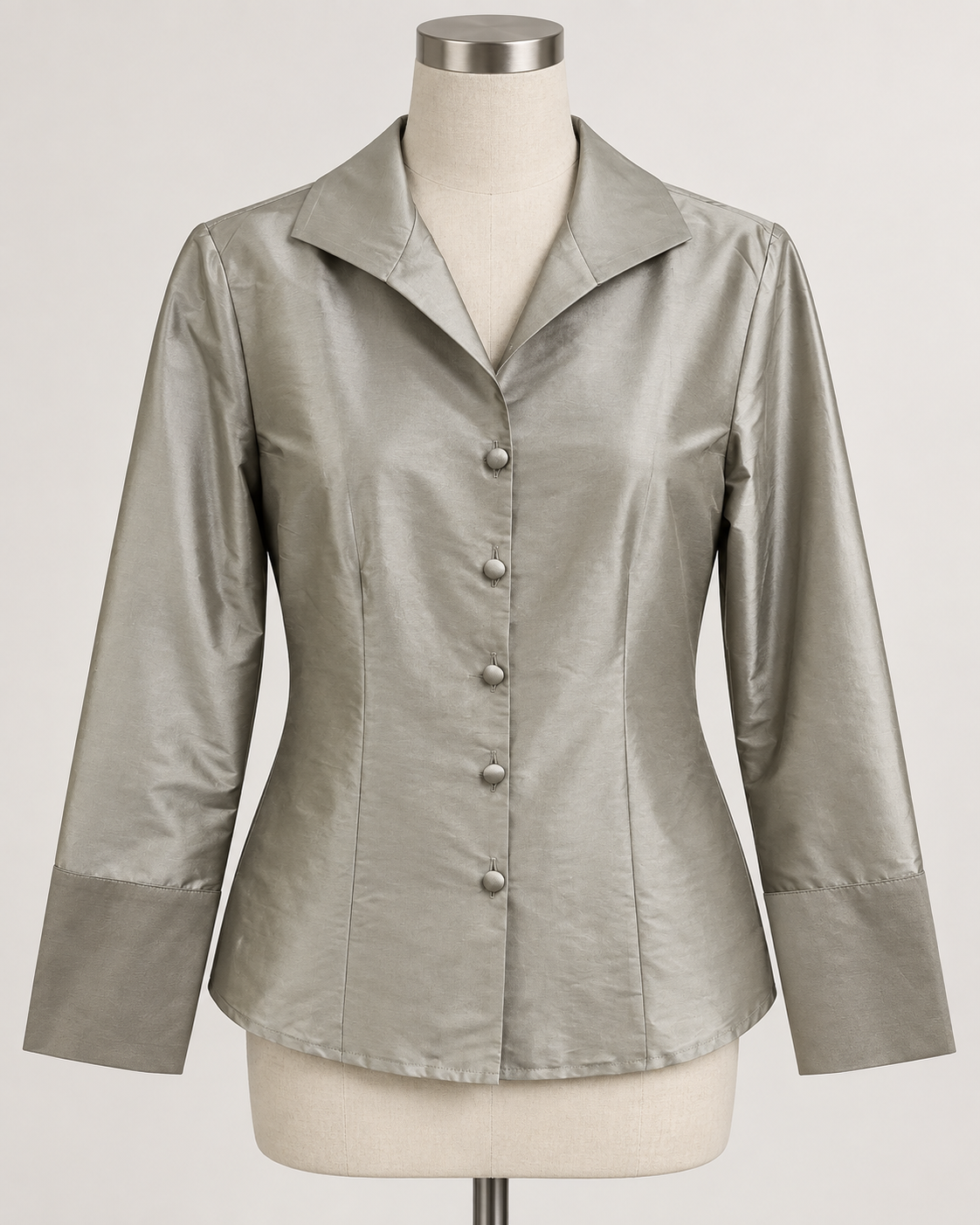 A woman modeling a silver pewter satin button-down shirt  connie roberson Classic Blouse - Amazon