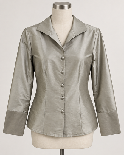 A woman modeling a silver pewter satin button-down shirt  connie roberson Classic Blouse - Amazon