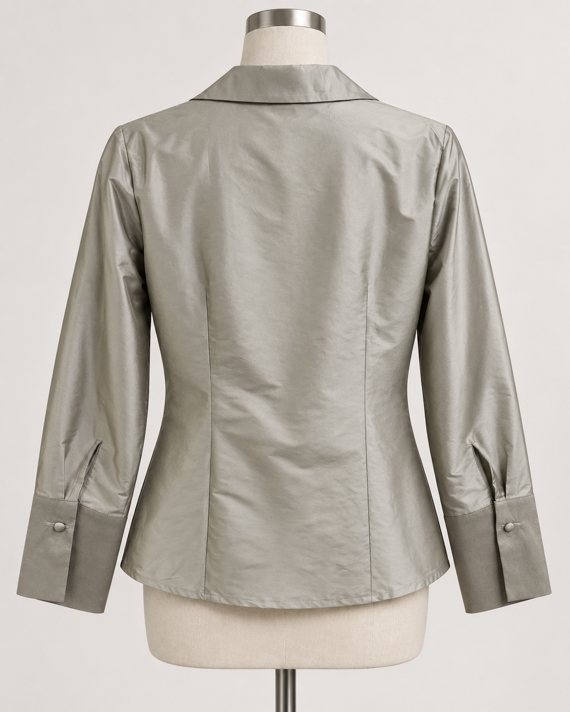 A woman modeling a silver pewter satin button-down shirt  connie roberson Classic Blouse - Amazon
