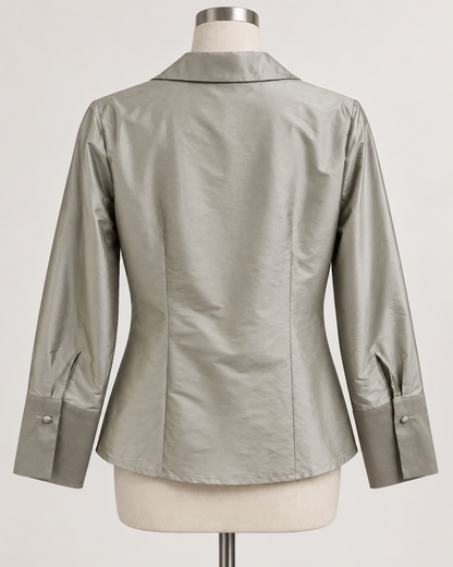 A woman modeling a silver pewter satin button-down shirt  connie roberson Classic Blouse - Amazon