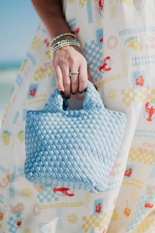 KATYDID neoprene braided clutch handbag with blue woven design, stylish women&