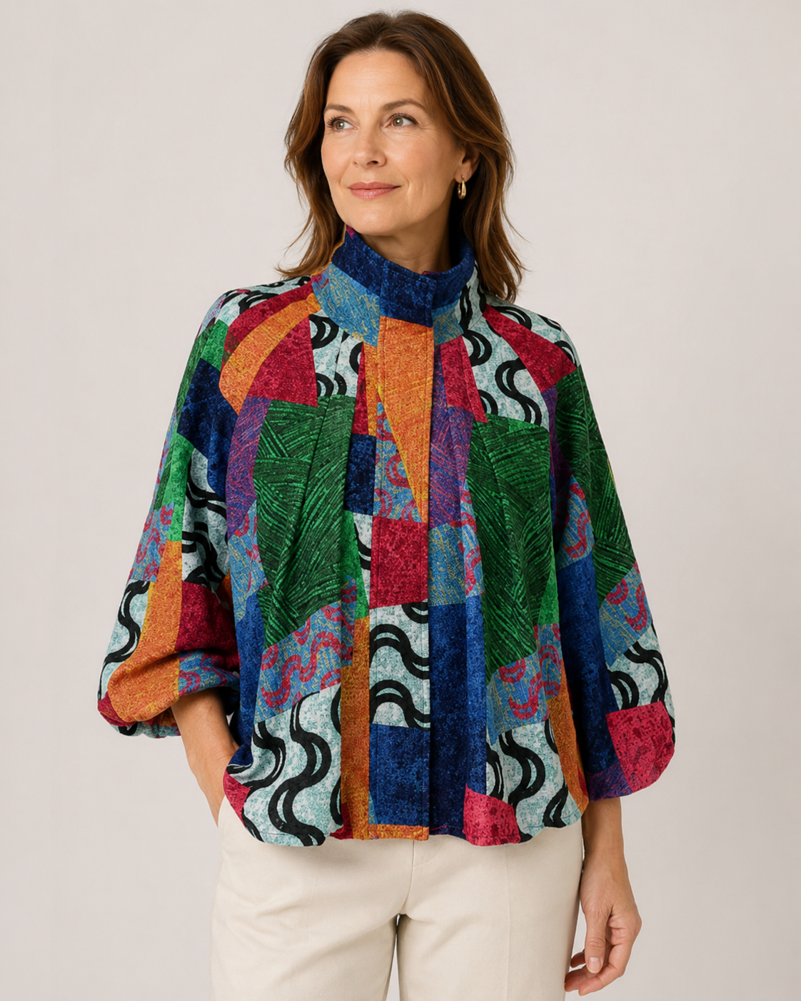 DAMEE cropped abstract mixed art short jacket in vibrant multi colors, stylish and lightweight for casual wear.