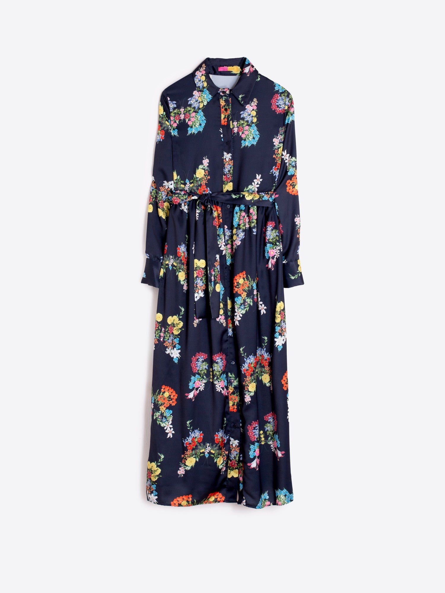 Navy blue dress with colorful floral pattern on a white background