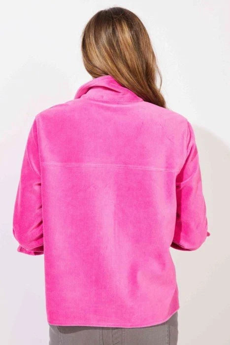 Fuchsia corded velour jacket from Escape by HAB, featuring a stylish and cozy design, shown on a hanger.