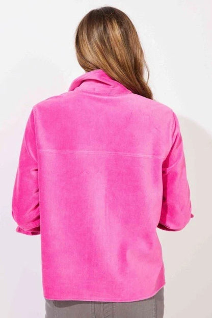 Fuchsia corded velour jacket from Escape by HAB, featuring a stylish and cozy design, shown on a hanger.