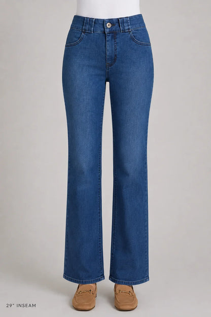 A person wearing dark blue wide-leg jeans, ethyl Relaxed Classic Jean - Benefit Z8MED.AF