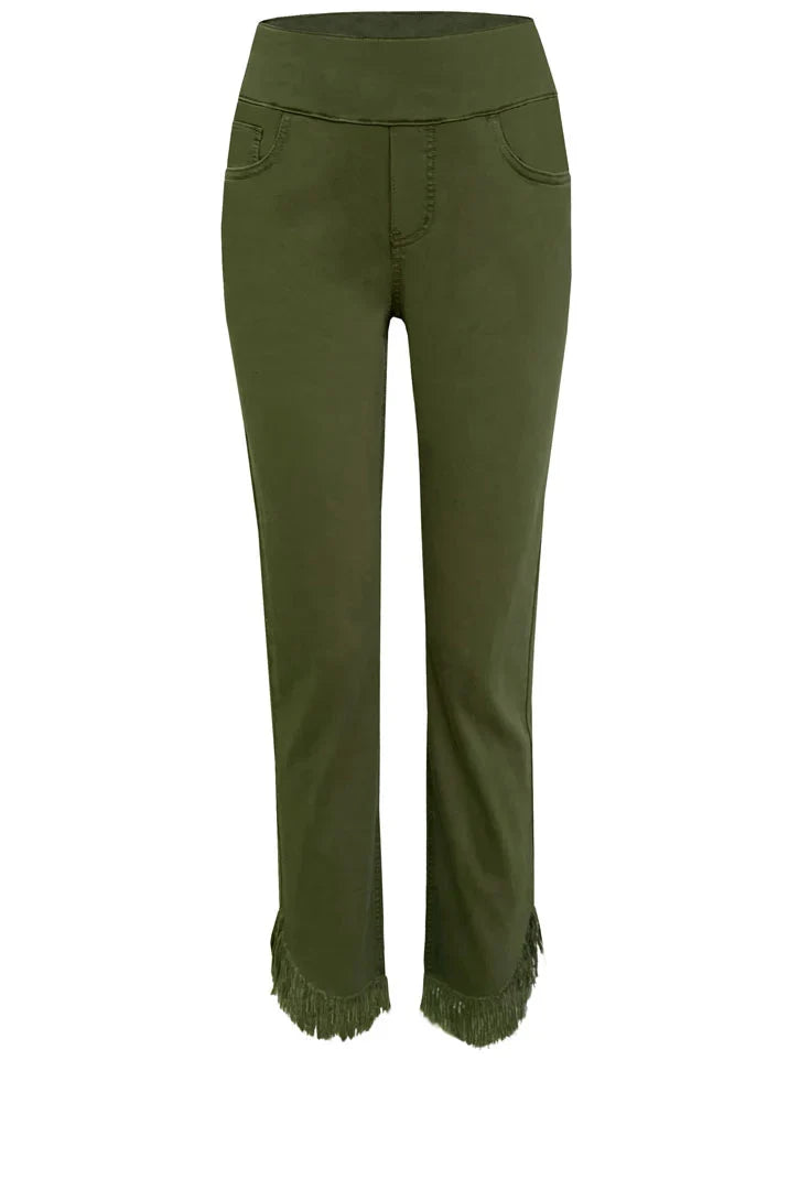 Olive green cropped pants with fringe detailing along the hem, ethyl The Davenport - Fringe Jeans olive green
