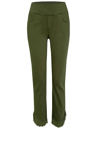 Olive green cropped pants with fringe detailing along the hem, ethyl The Davenport - Fringe Jeans olive green