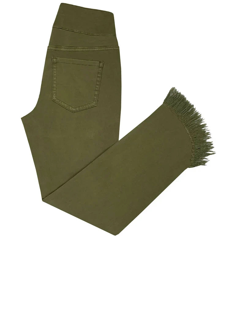 Olive green cropped pants with fringe detailing along the hem, ethyl The Davenport - Fringe Jeans olive green