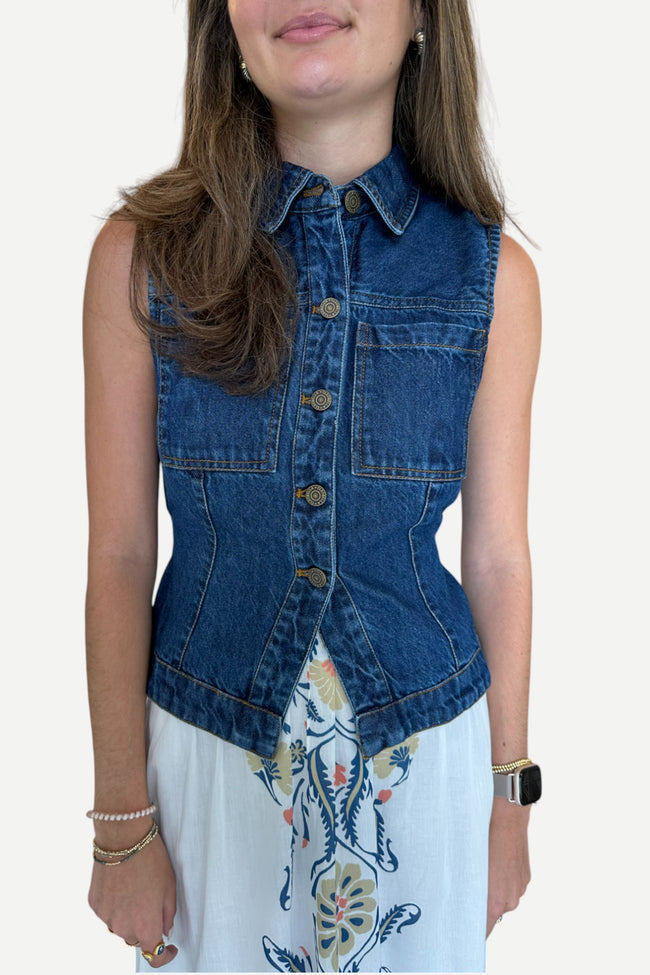 Dark denim Franka vest by CLEOBELLA displayed on a mannequin, showcasing a stylish sleeveless denim vest design.