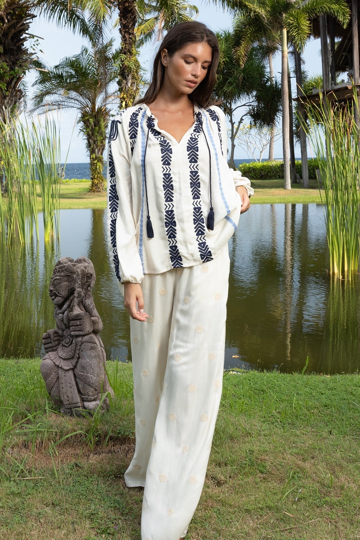 Ecru Flore Blouse by MISS JUNE, featuring lightweight fabric, long sleeves, and a feminine, flowy design perfect for casual wear.
