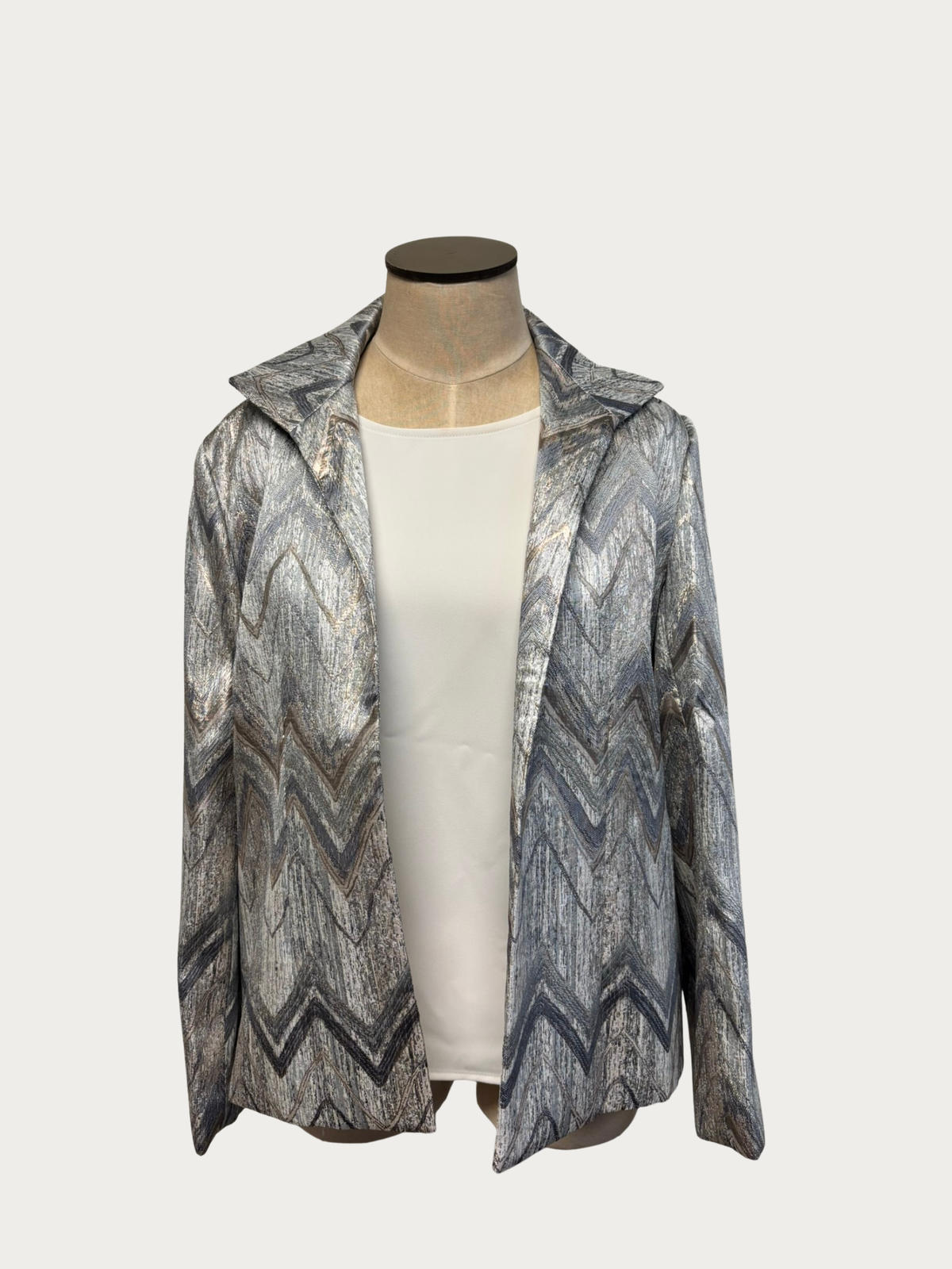 Grace Chuang chevron silver and gold jacket with a formal design, featuring a stylish pattern and elegant gold and silver accents.