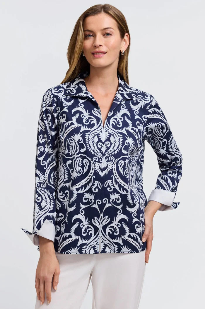 Womens blouse navy and white damask print