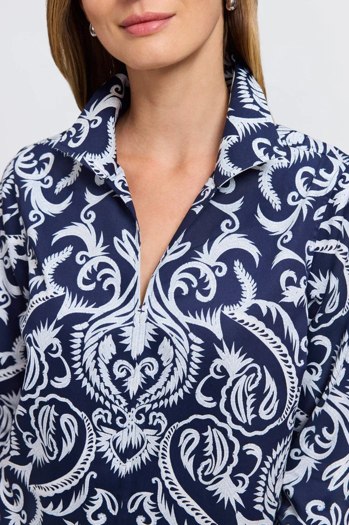 Womens blouse navy and white damask print