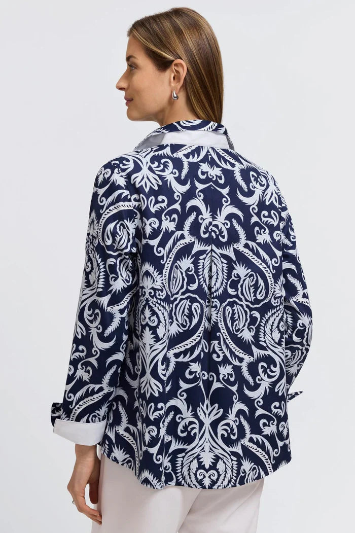 Womens blouse navy and white damask print