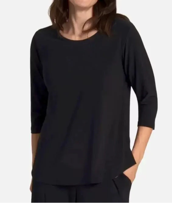 Black SYMPLI Go To Classic Tee, a casual short-sleeve top with a round neckline, displayed on a hanger.