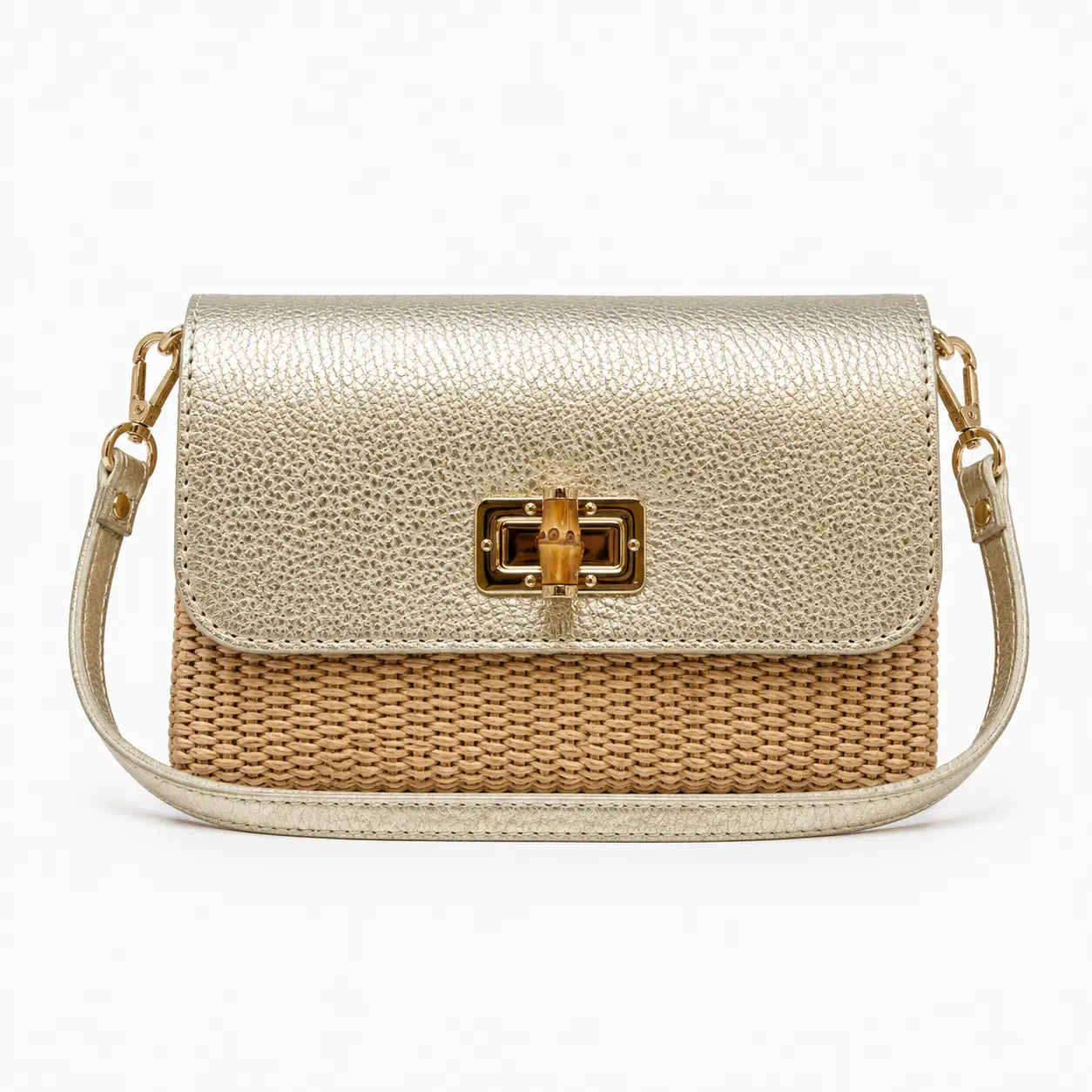 Gold Leather Bamboo Clasp &amp; Raffia Crossbody Bag