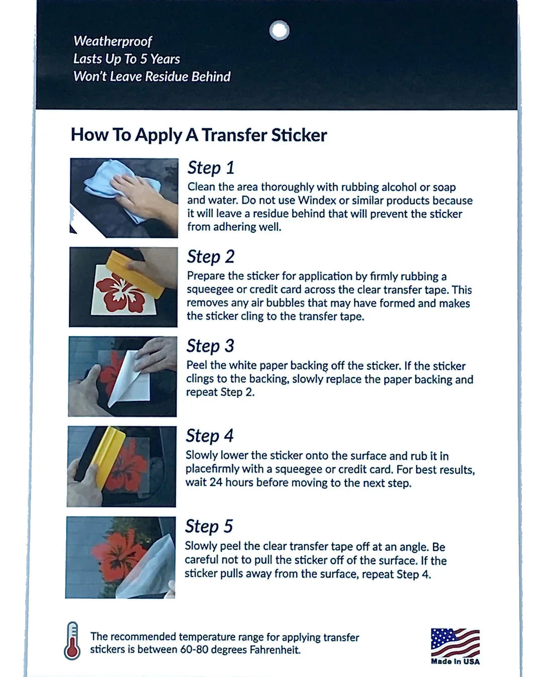 Instructions for applying a transfer sticker with step-by-step guide and images.