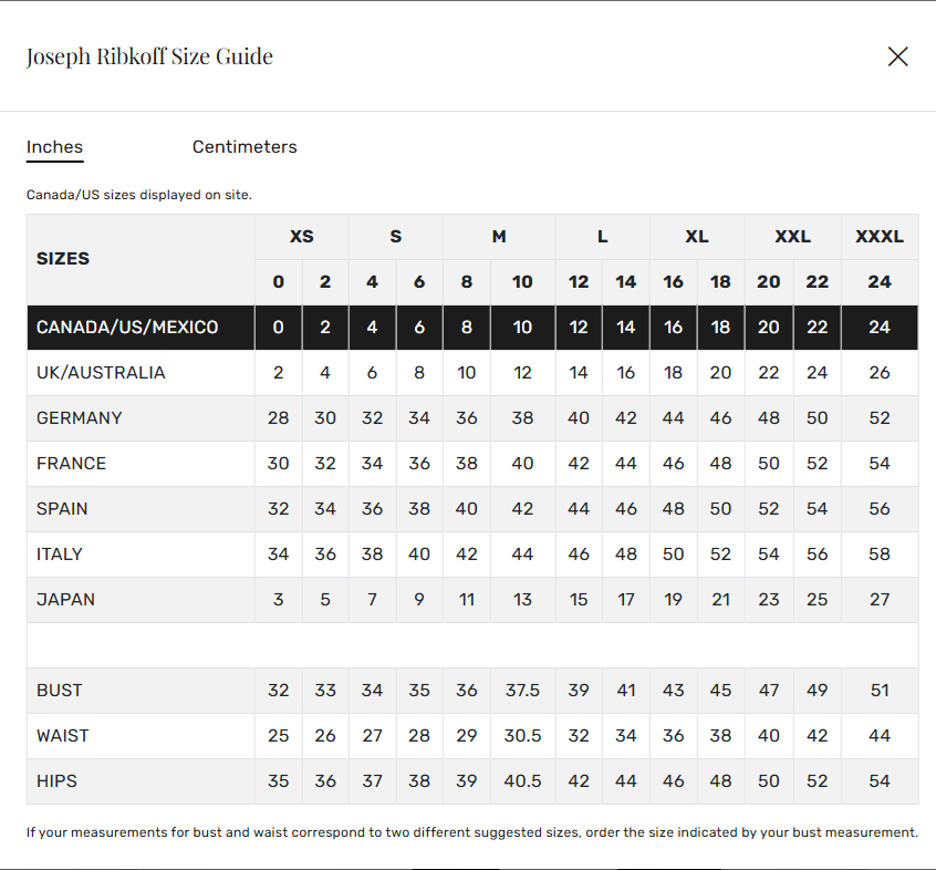 Joseph Ribkoff size guide chart for clothing measurements in inches and centimeters.