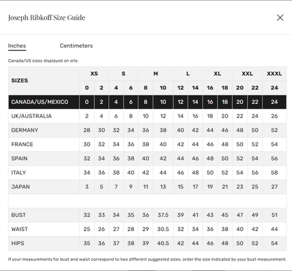 Joseph Ribkoff size guide chart for clothing measurements in inches and centimeters.