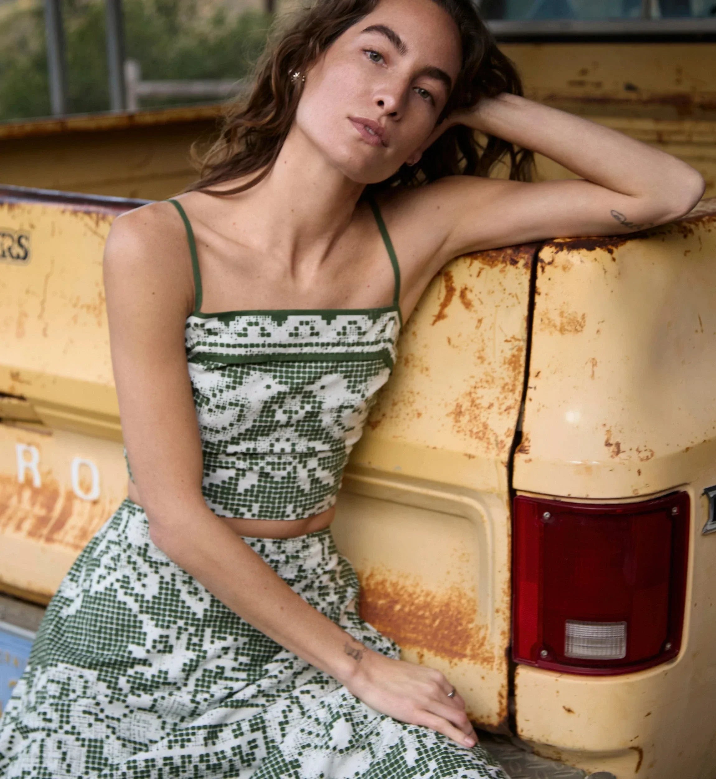 Green lace crop top with thin straps Cleobella  Juniper Top - Verdant Flight 