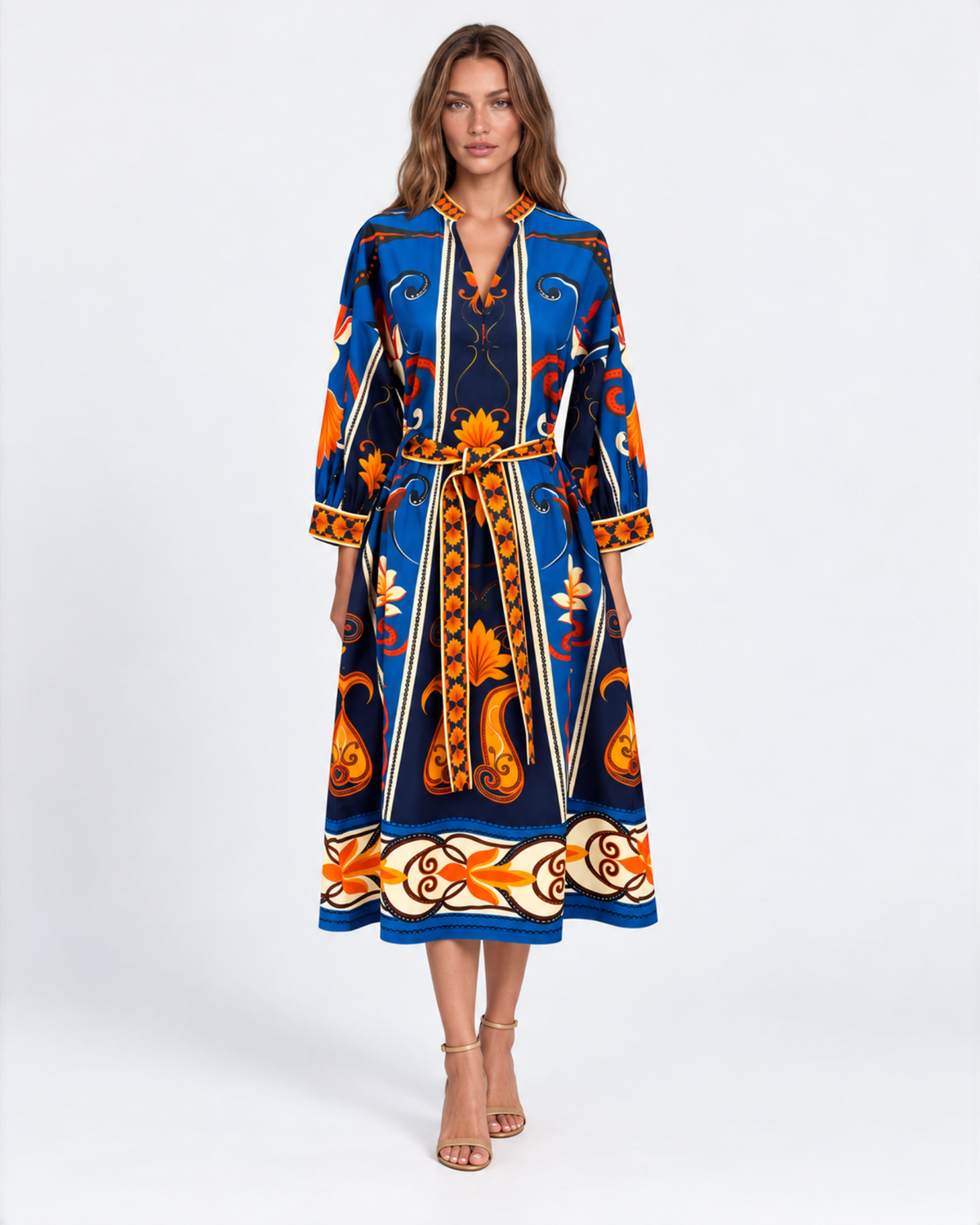Maude Vivante blue and orange floral print cotton midi dress with three-quarter sleeves, V-neckline, and matching tie waist