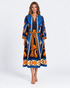 Maude Vivante blue and orange floral print cotton midi dress with three-quarter sleeves, V-neckline, and matching tie waist