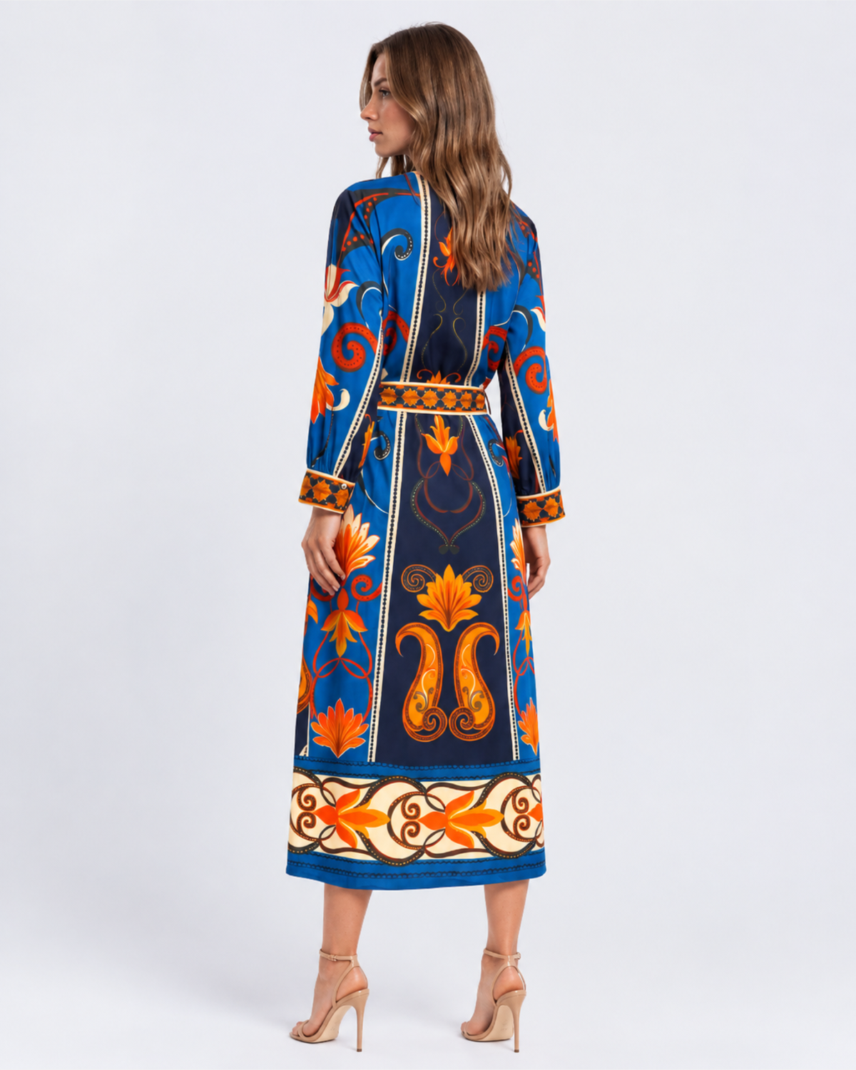 Maude Vivante blue and orange floral print cotton midi dress with three-quarter sleeves, V-neckline, and matching tie waist