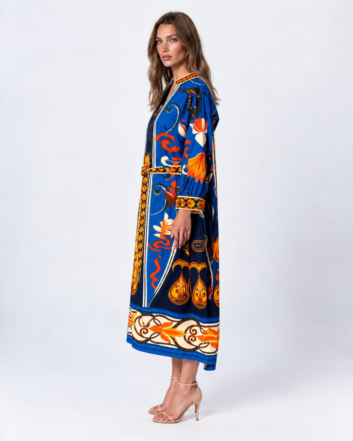 Maude Vivante blue and orange floral print cotton midi dress with three-quarter sleeves, V-neckline, and matching tie waist