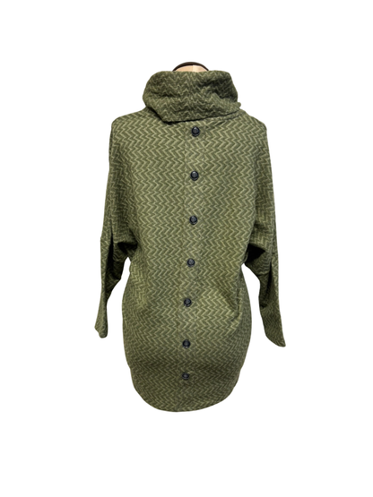 Green hooded coat with button details on a white background