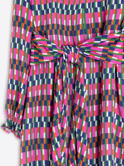 Colorful checkered dress with a tie waist on a white background