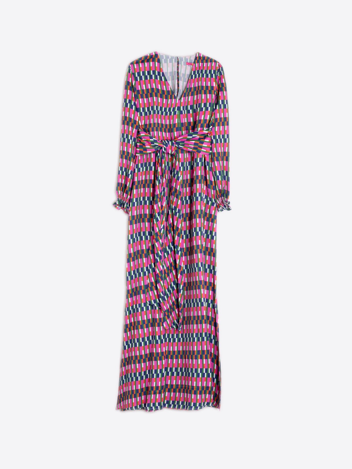 Long-sleeve dress with geometric pattern on a white background