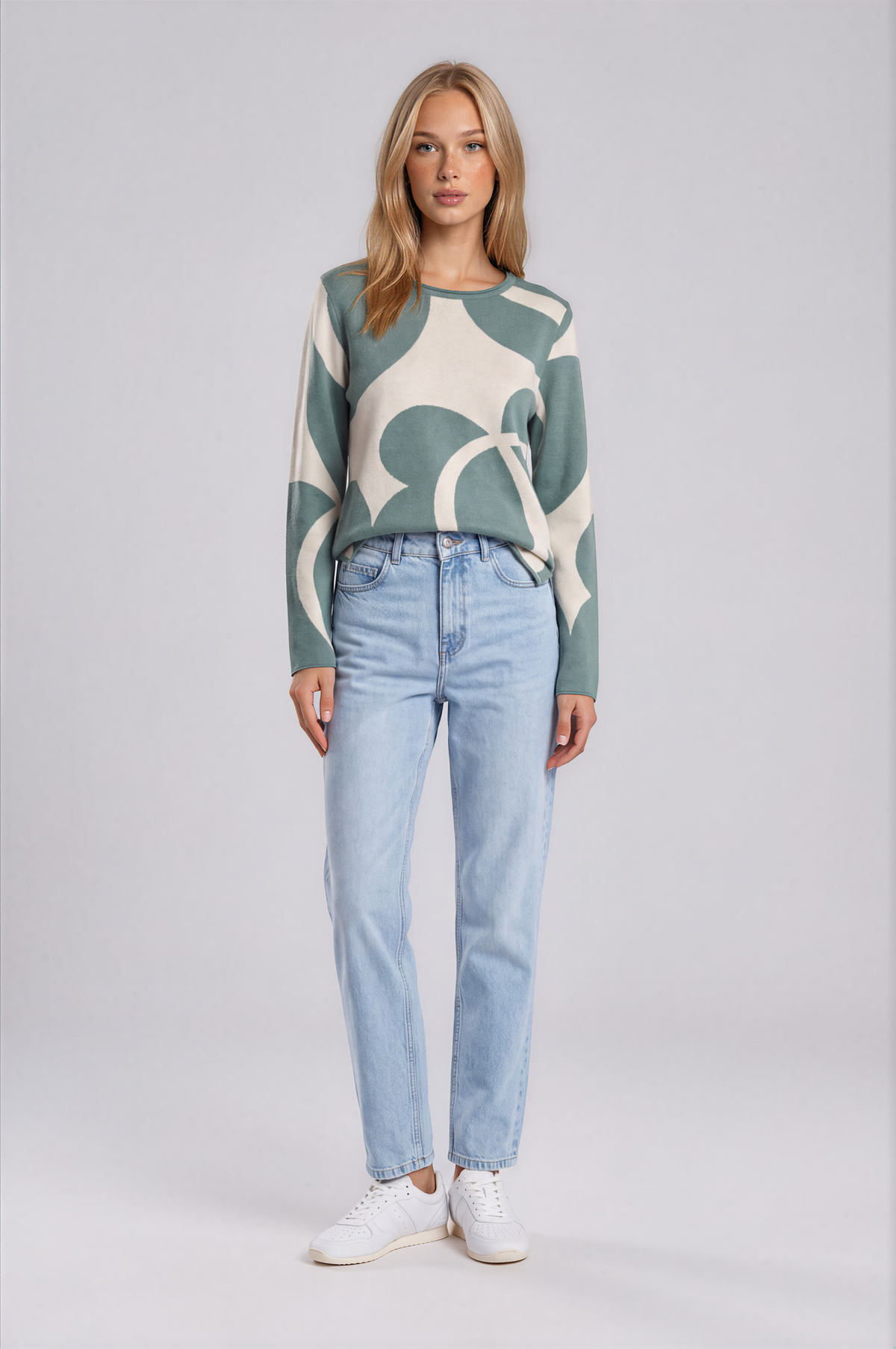 pool tile sweater sage and ivory palette with an oversized abstract floral pattern