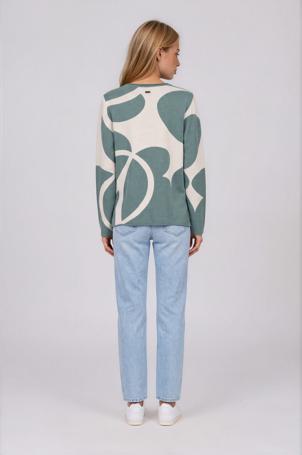 pool tile sweater sage and ivory palette with an oversized abstract floral pattern