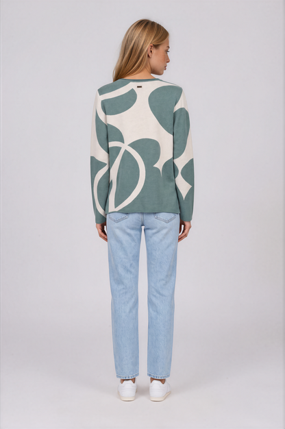 pool tile sweater sage and ivory palette with an oversized abstract floral pattern