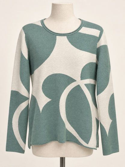 pool tile sweater sage and ivory palette with an oversized abstract floral pattern