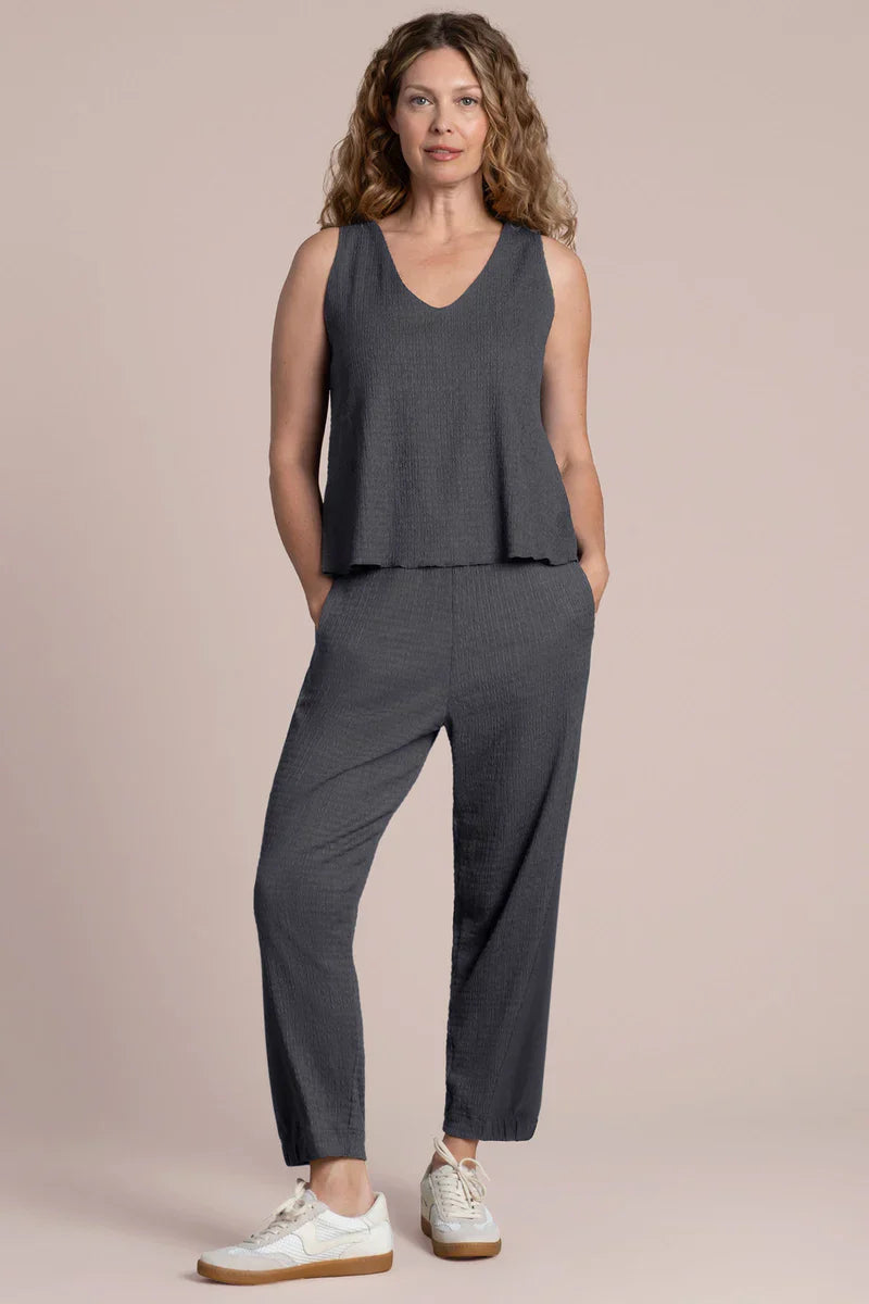 Black Pearl Pop V Neck Tank top by SYMPLI featuring popcorn waffle fabric and a relaxed V neckline.